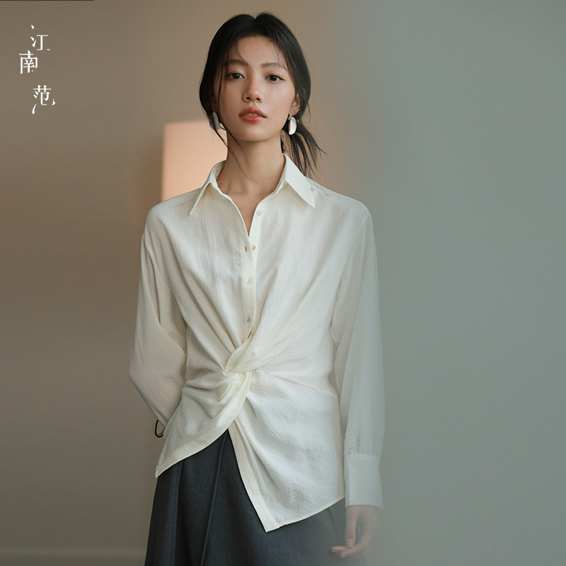 【新品8折】江南范白色设计师款长袖白领衬衫女宽松翻领收腰上衣