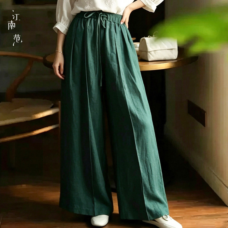 老钱风亚麻高腰阔腿女夏松紧裤