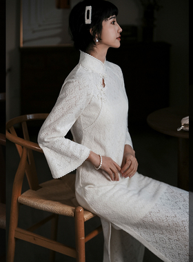 江南范白色低领秋天改良版领证旗袍两件套民国千金复古风年轻款