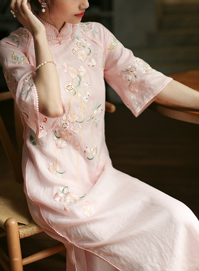 江南范苎麻旗袍高考送考粉色女夏甜美风年轻款改良连衣裙绣花日常