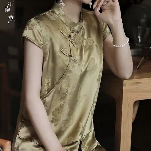 江南复古新中式桑蚕丝短袖青色旗袍上衣女日常盘扣立领显瘦
