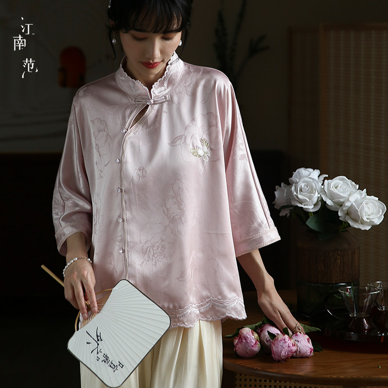 江南范新中式国风改良短款旗袍上衣日常夏现代年轻款醋酸立领气质