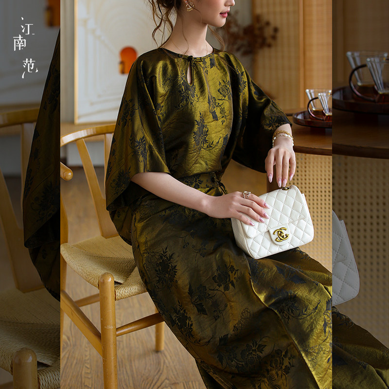 江南范复古绿底黑花圆领改良汉服上衣宽松五分袖通勤轻国风半裙