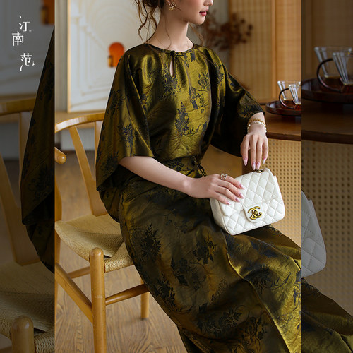 江南范复古绿底黑花圆领改良汉服上衣宽松五分袖通勤轻国风半裙