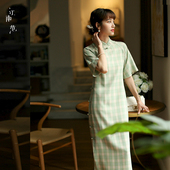 格纹 年轻款 江南范素雅复古少女汉元 素收腰旗袍女夏连衣裙日常新款