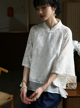 江南范白色蕾丝改良旗袍短款上衣民国风复古素雅清新茶服小衫