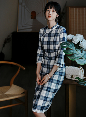 江南范新式复古改良修身格子旗袍年轻款少女短款蓝色民国风裙子