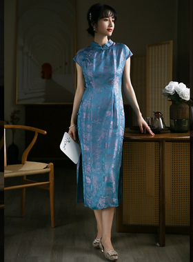 江南范新中式民国风改良版旗袍长裙年轻款短袖老上海修身蓝色提花
