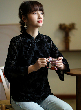 江南范黑色新式改良旗袍上衣国风茶服中式复古斜襟唐装茶服丝绒