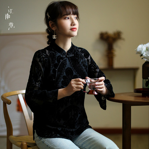 江南范黑色改良旗袍上衣丝绒
