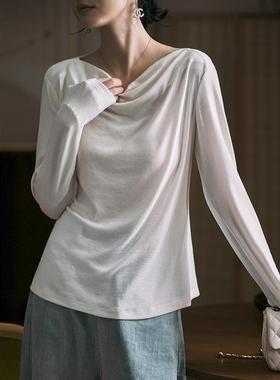 江南范新式改良白色荡领女T恤2024秋冬内搭打底上衣长袖针织小衫