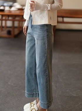 江南范新中式国风直筒你牛仔裤子日常百搭浅蓝色高腰裤时髦洋气