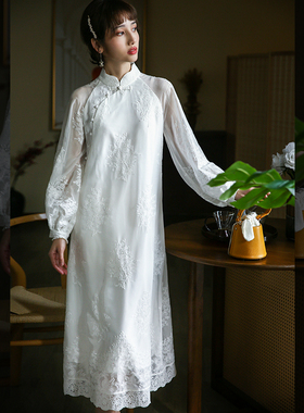 江南范新中式白色全开襟改良旗袍领证轻婚纱蕾丝复古茶服连衣裙春