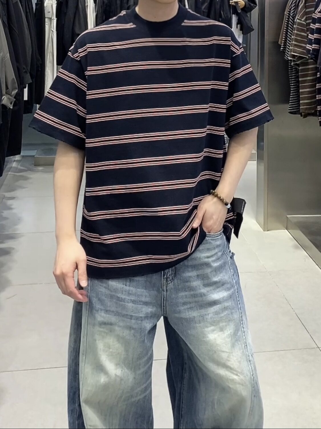 2026新款春装双层螺纹领口条纹短袖T恤男时尚百搭上衣