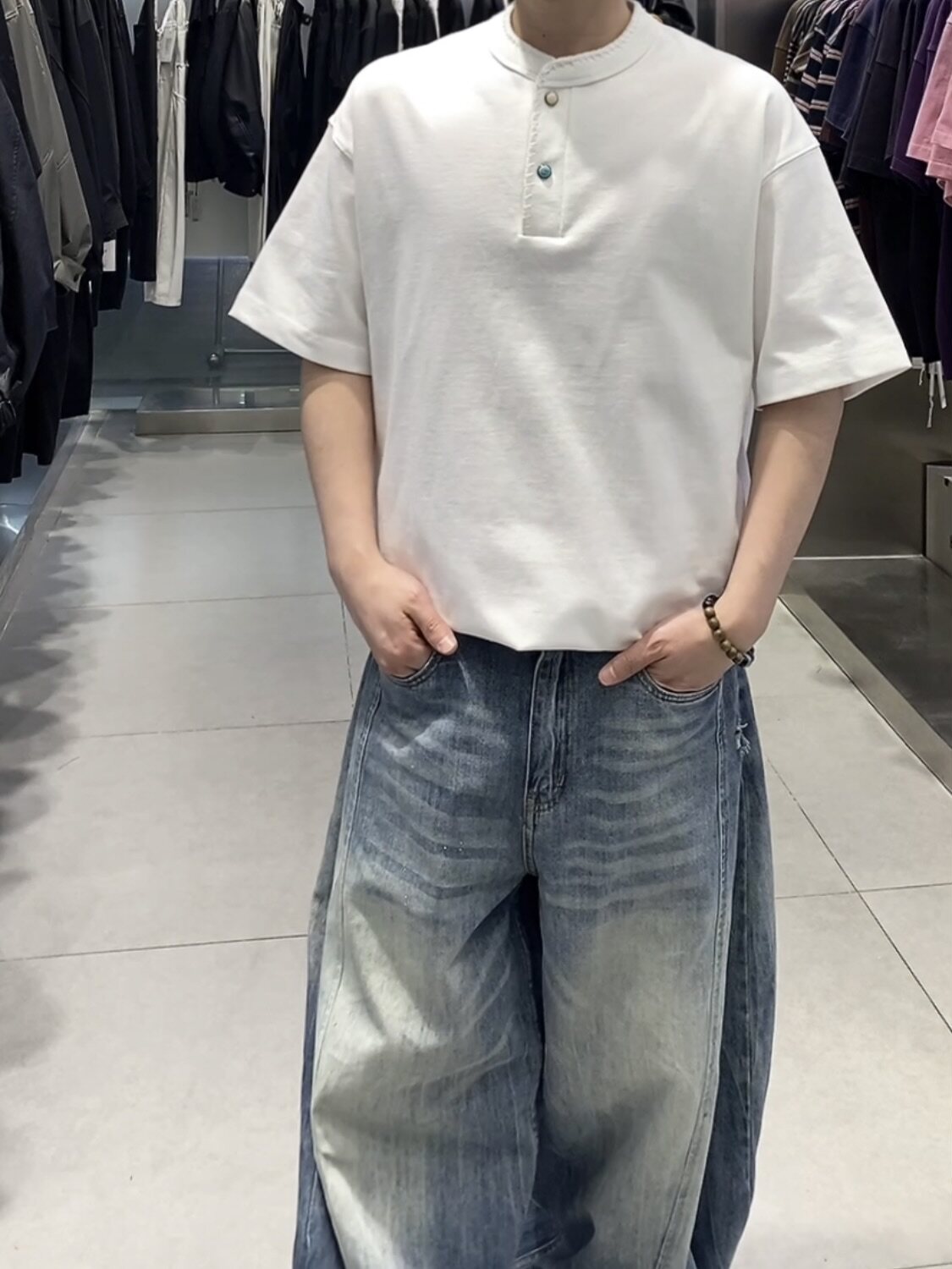 2026新款春装纽扣半门襟短袖T恤男美式宽松百搭通勤纯色半袖上衣