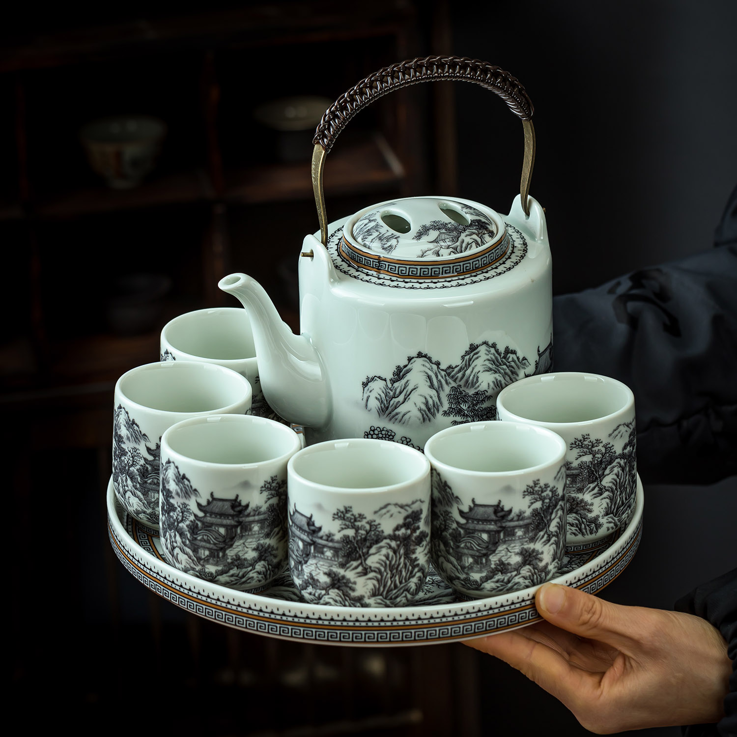 中式复古山水画陶瓷功夫茶具套装提梁壶茶杯茶壶茶盘家用商务礼品