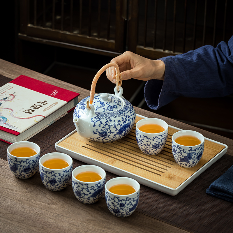 功夫茶具套装青花瓷提梁茶壶茶杯
