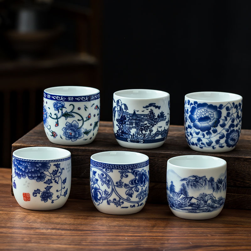 高白青花瓷茶杯6只装中式陶瓷功夫茶具2两品茗杯家用100ml酒水杯