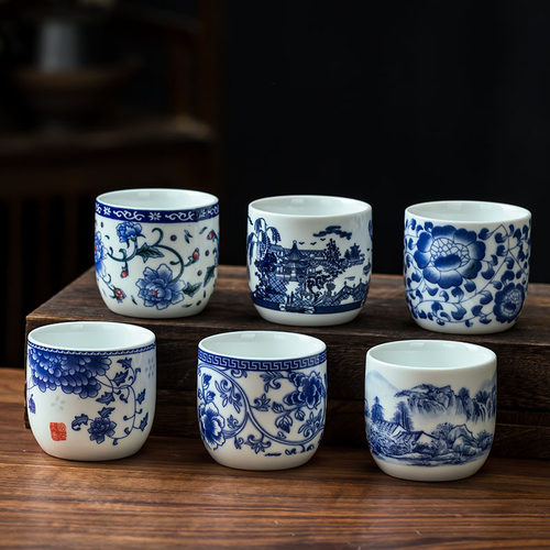 高白青花瓷功夫茶杯6只装