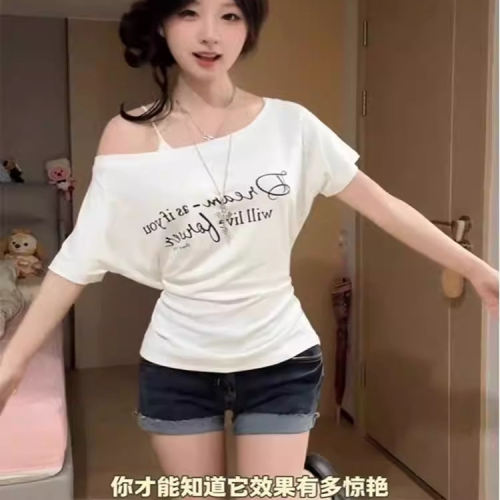 美式纯欲辣妹印花白色一字肩t恤女夏季绑带收腰显瘦休闲短袖上衣