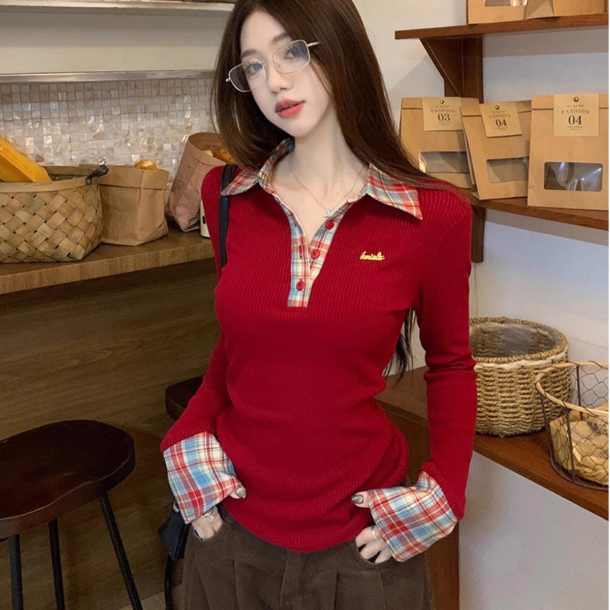 polo领内搭假两件格子拼接秋冬季