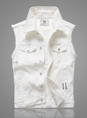 夏季牛仔马甲男士青年韩版无袖坎肩修身白色牛仔背心马夹上衣服潮