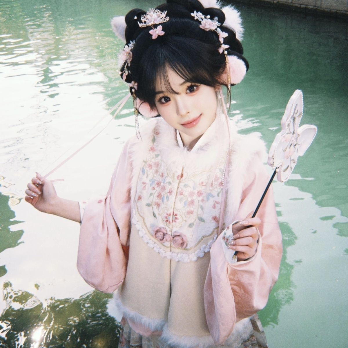 明制汉服加绒奶油黄比甲马面裙