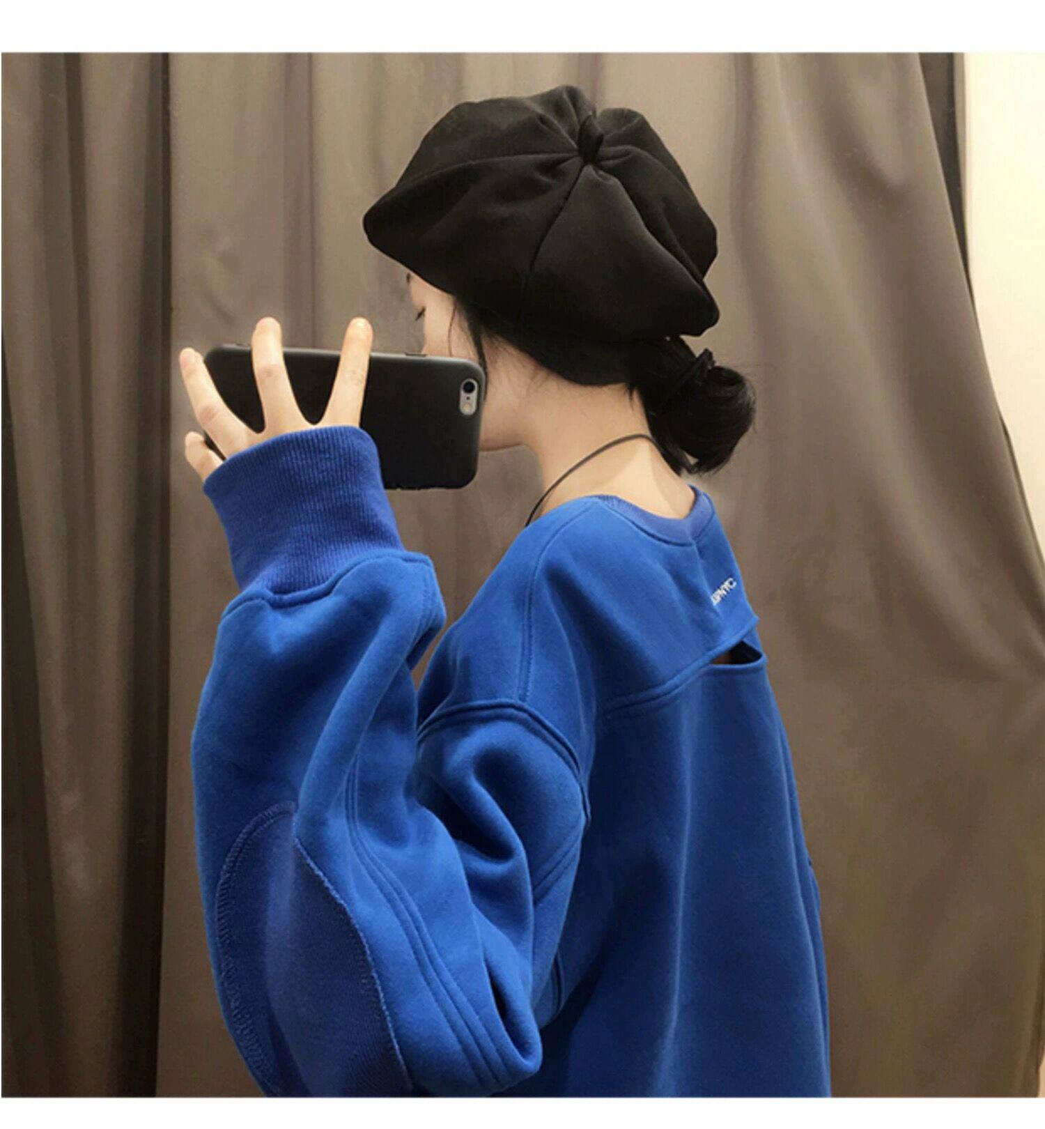 早秋新款克莱因蓝色显白绣花卫衣女纯色上衣oversize韩版宽松长袖