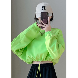 新款卫衣女春秋街头荧光绿色宽松套头圆领抽绳短款露脐上衣外套