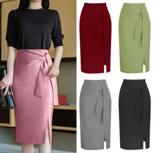 半身裙女秋冬2025新款 麂皮绒高腰系带开叉OL性感包臀一步裙中长款