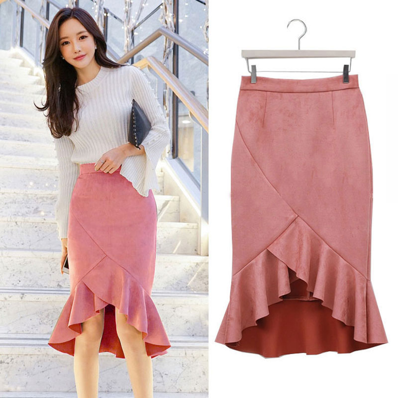 芬展麂皮绒半身裙秋冬女高腰新品不规则包臀一步裙鱼尾裙中长款