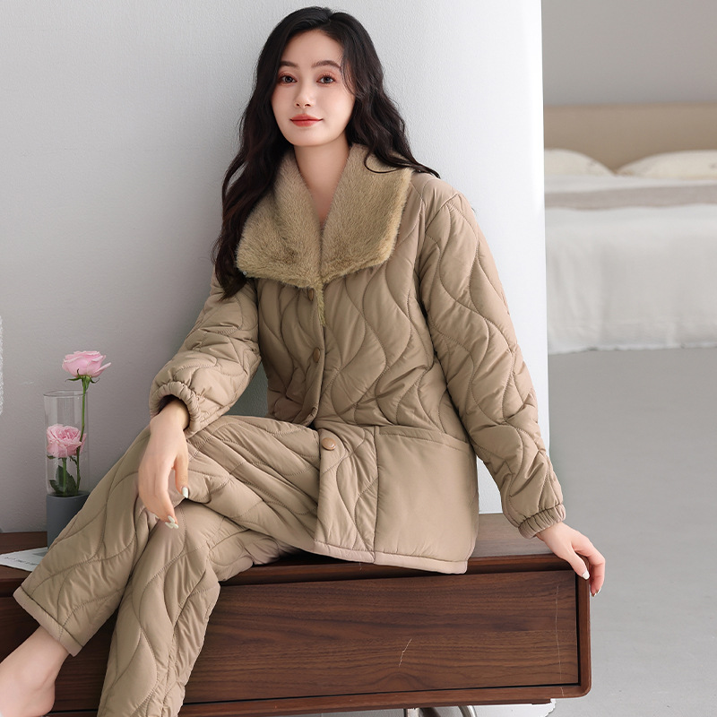 睡衣女士冬季珊瑚绒三层加厚加绒夹棉袄秋冬款羽绒棉服冬天家居服