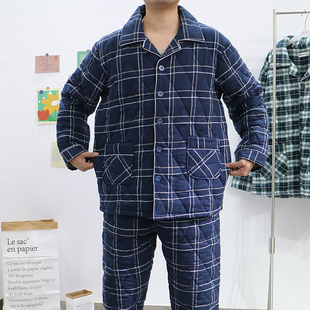 加厚纯棉夹棉睡衣冬季男格子里外全棉家居服套装加肥加大码200斤