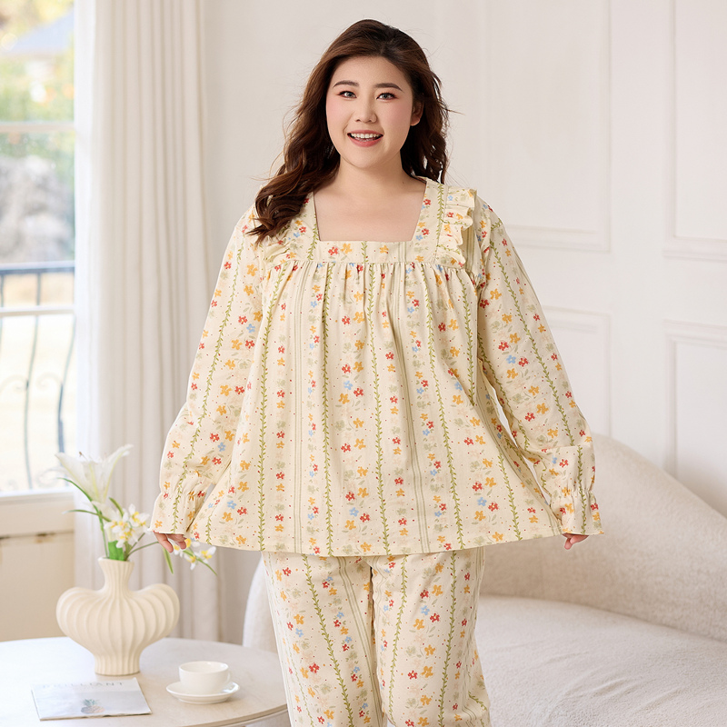 甜美大码200斤睡衣女春长袖纯棉
