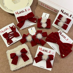 韩系儿童暗红质感丝绒烫金布艺蝴蝶结发夹女孩简约毛绒球发圈头箍