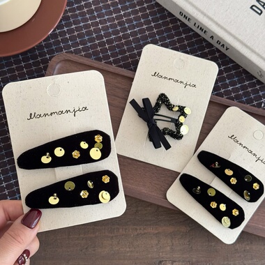 少女手工串片丝绒大BB夹女孩黑金星星结刘海夹儿童旗袍发饰刘海夹