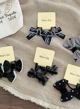 少女黑色小香蝴蝶结发圈女童布艺领结珍珠头绳儿童毛呢格纹结发绳