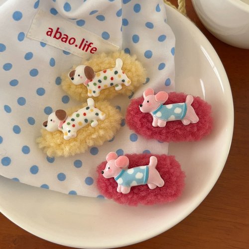 儿童可爱波点小狗羊羔毛椭圆发夹少女百搭鸭嘴夹碎发刘海夹侧边夹