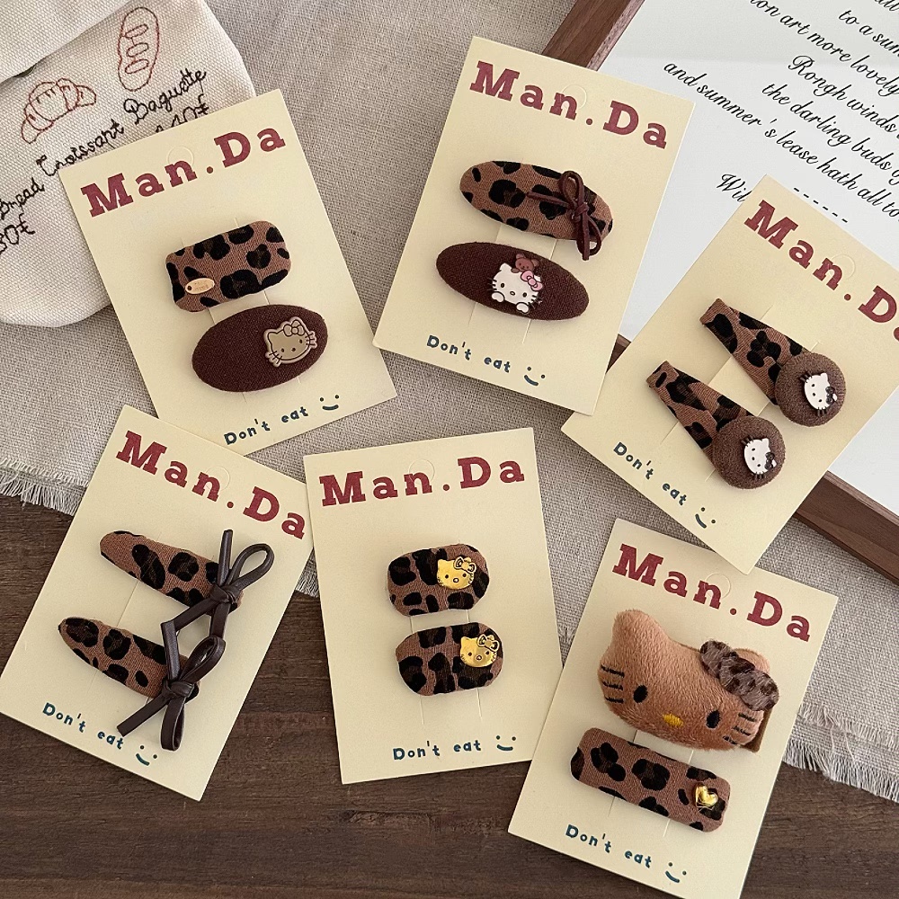 韩版儿童豹纹猫咪发夹女孩甜美蝴蝶结边夹女童可爱卡通发夹BB夹子