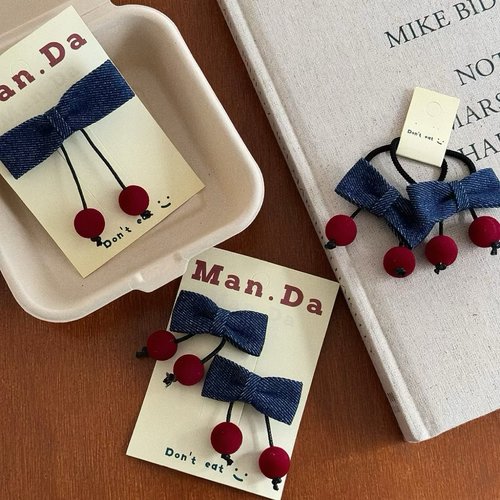 少女复古牛仔樱桃蝴蝶结发夹学生可爱发圈儿童甜美刘海夹边夹发饰