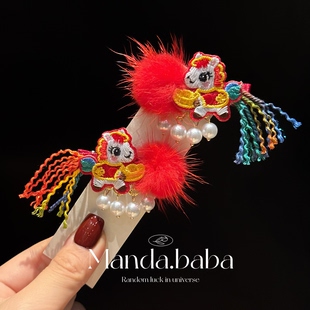 儿童拜年发夹马上有钱过年头饰新年红色女童头饰女孩带灯古风发夹
