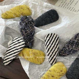 韩少女姜黄针织毛线发夹学生大侧边夹碎发BB夹女孩斜条纹刘海夹子