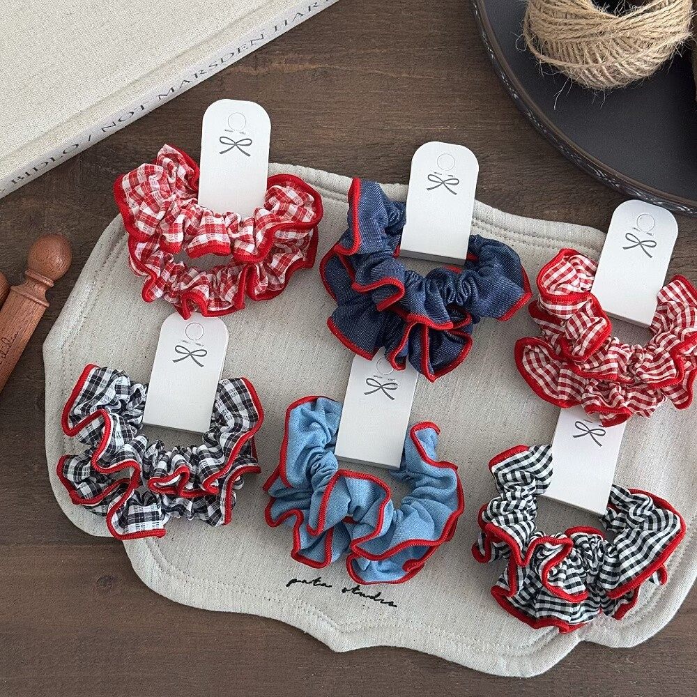 韩少女牛仔木耳边大肠发圈学生新红格丸子头皮筋女孩简约百搭头绳,童装/婴儿装/亲子装,发饰,淘宝优惠券,粉丝福利购,淘宝优惠卷