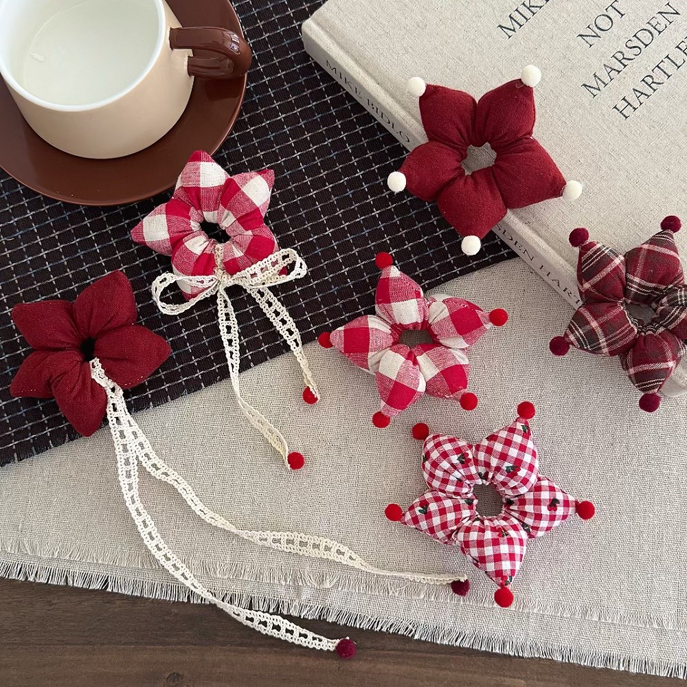 女童酒红格花朵飘带套圈儿童可爱毛球星星花发圈发绳女孩新年头绳
