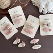 早春2026韩版 女童粉米格love小熊发夹儿童甜美绣面蝴蝶结刘海夹子