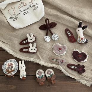 手工亚麻蕾丝森系发饰儿童可爱布艺绣花小兔BB夹女百搭樱桃刘海夹