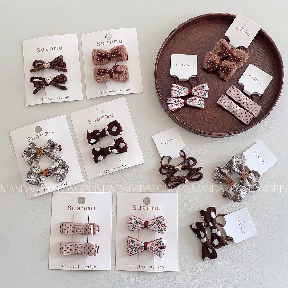 女童韩版毛绒发夹发绳甜美发饰百搭奶咖波点鸭嘴夹儿童蝴蝶结皮筋