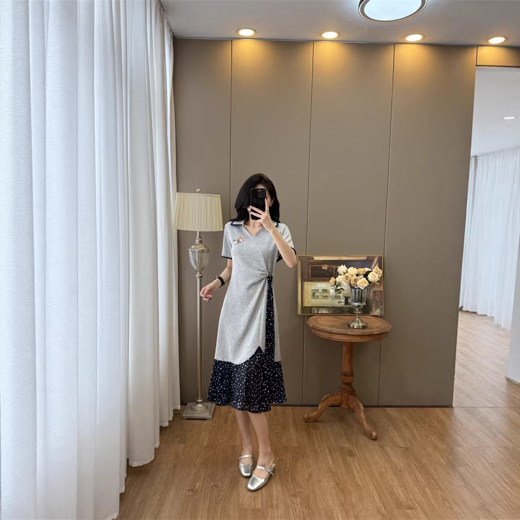 温柔妈妈不规则拼接碎花短袖连衣裙女装2026新款t恤大码休闲长群