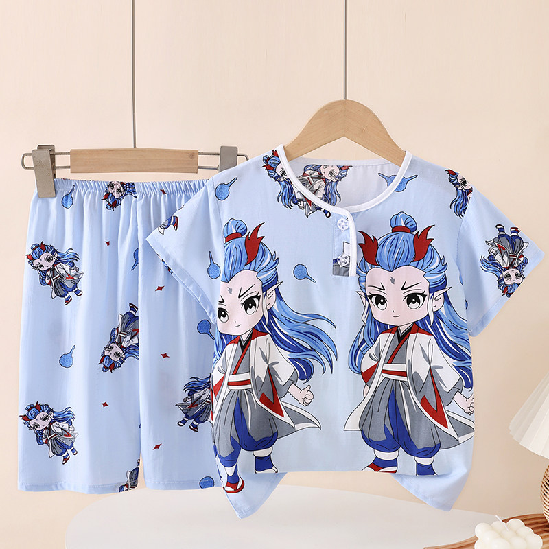 女童睡衣夏季儿童短袖睡衣绵绸中大童棉绸睡衣哪吒家居服男童套装
