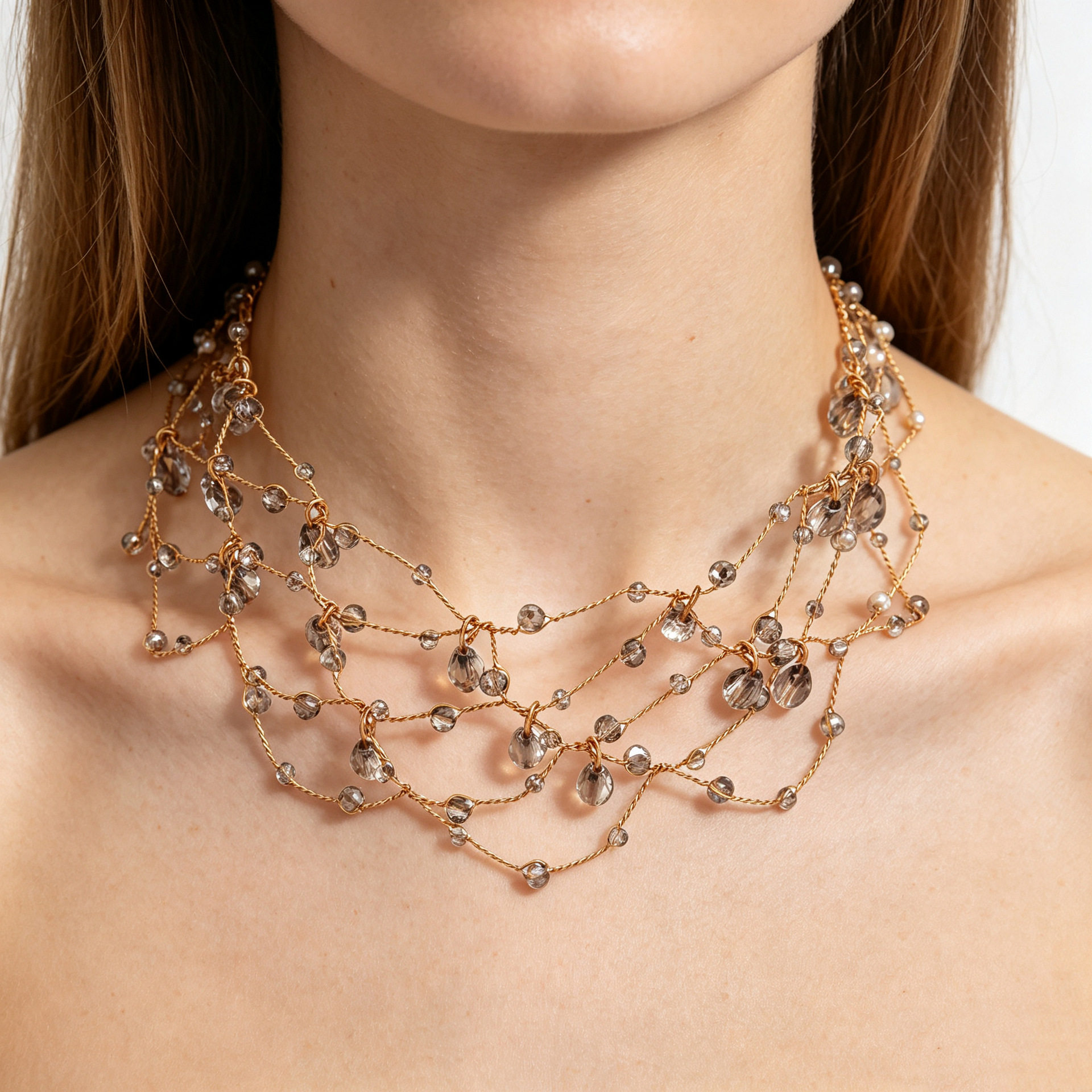 欧美镂空网格水晶颈链金链编织灰水晶吊坠派对礼服搭配锁骨项圈
